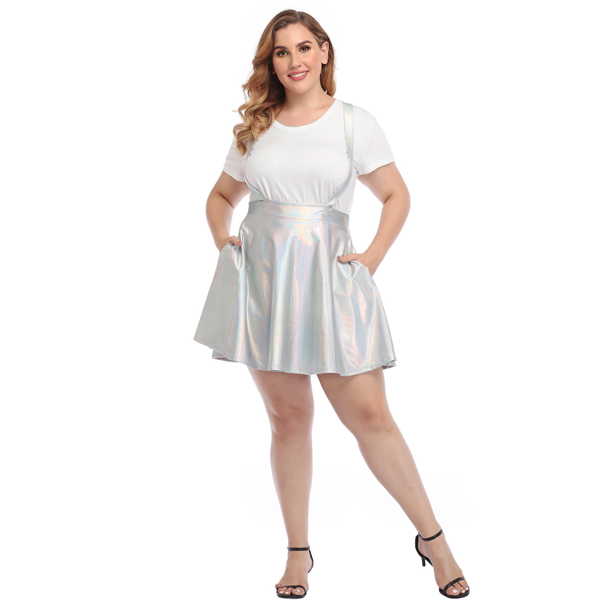 HDE Plus Size Shiny Metallic Suspender Skirt High Waisted Holographic Rave Skirt Holographic Silver 3X