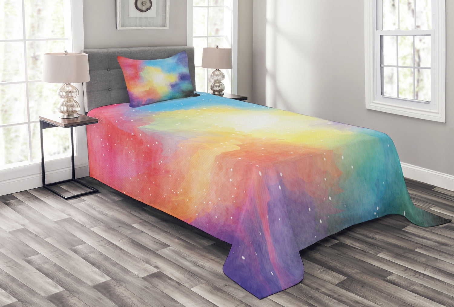 Outer Space Bedspread Set, Watercolor Nebula Colorful Galaxy Stars