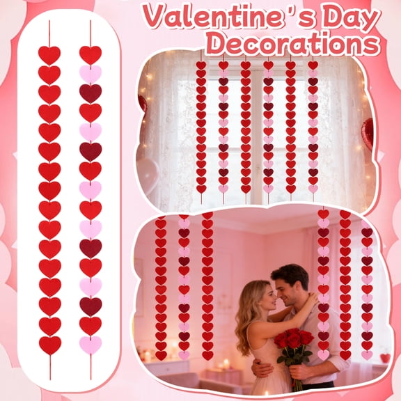 Red Felt Heart Bunting String - Vertical Style, Premium Felt Material, Heart - Shaped Valentine's Day Party Garland Decoration - For Valentine's Day Party Decorations, Home