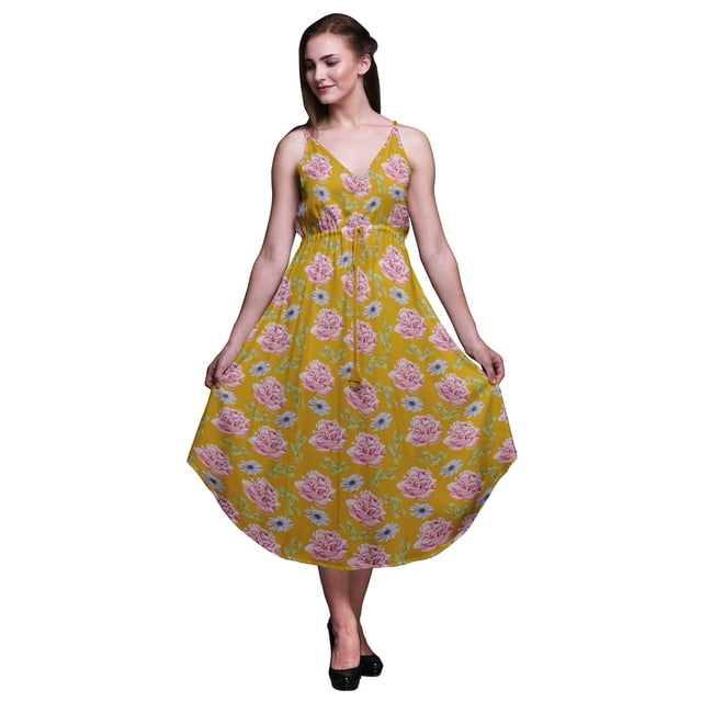 Bimba Robe Midi à Cordon Imprimé Floral pour Femmes Bretelles Spaghetti Tenue de Plage-Petite
