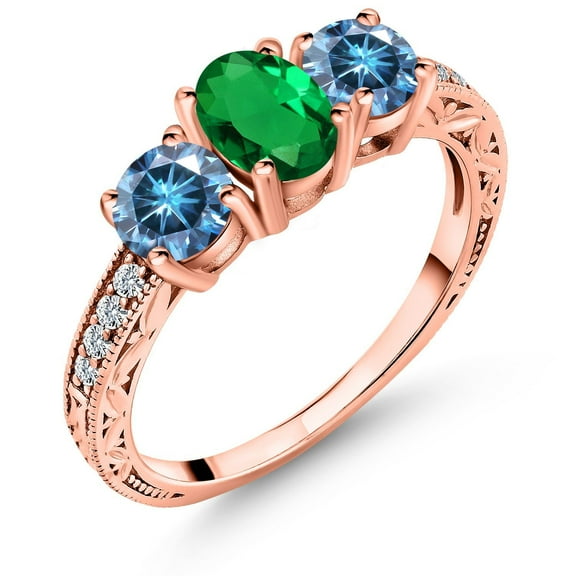 Gem Stone King 18K Rose Gold Plated Silver 3-Stone Ring Oval Green Nano Emerald and Vivid Persian Blue Moissanite (1.72 Cttw, Size 9)