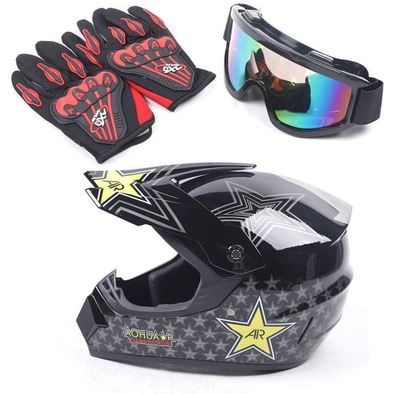 Youth Kids Offroad Gear Combo Helmet Gloves Goggles DOT Motocross Off-Road Racing ATV Dirt Bike Protector (#4, L)