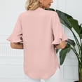 thumbnail image 4 of Camiseta con cuello en V para mujer, mangas con volantes, ajuste holgado, color puro, informal, Top de verano para uso diario, Rosa L, 4 of 6