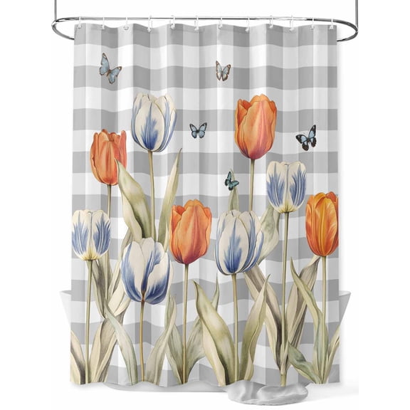 Fsddascl Orange Flower Shower Curtain Set - Extra Long 72" x 96" Washable Curtain with 12 Hooks, Blue Tulip Butterfly Watercolor Plaid Grey Waterproof Fabric Stall Shower Curtains for Bathroom