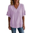 thumbnail image 2 of Linen Shirts for Women Summer Short Sleeve Loose Casual V Neck Raw Distressed T Shirt Lightweight Beach Tops, 2 of 3