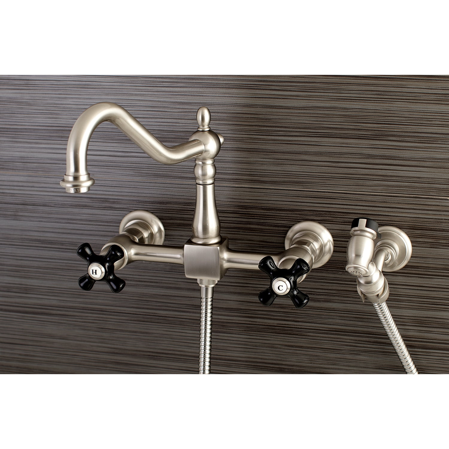Kingston Brass KS1248PKXBS Duchess Wall Mount Bridge Kitchen Faucet with Brass Spray, Brushed Nickel
