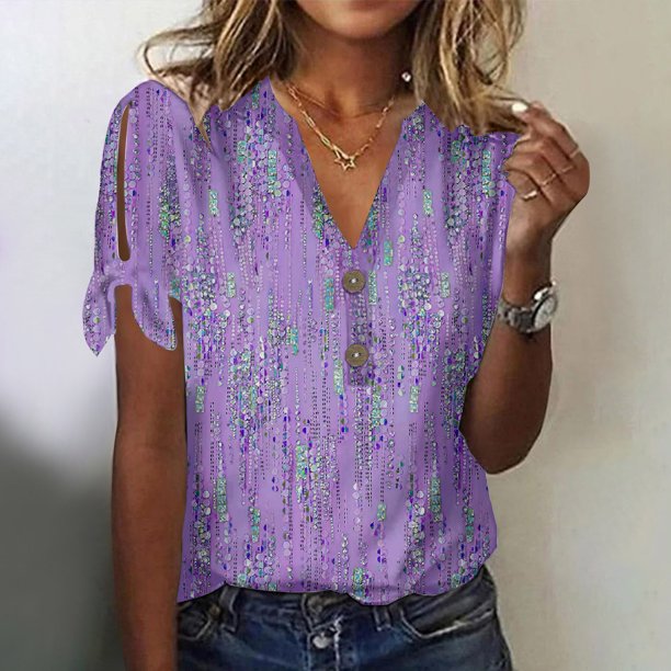 Fiudx Ofertas de La Semana Blusa de Manga Corta de Verano con Cuello En V para Mujer, Sexy, Informal, con Estampado Regular