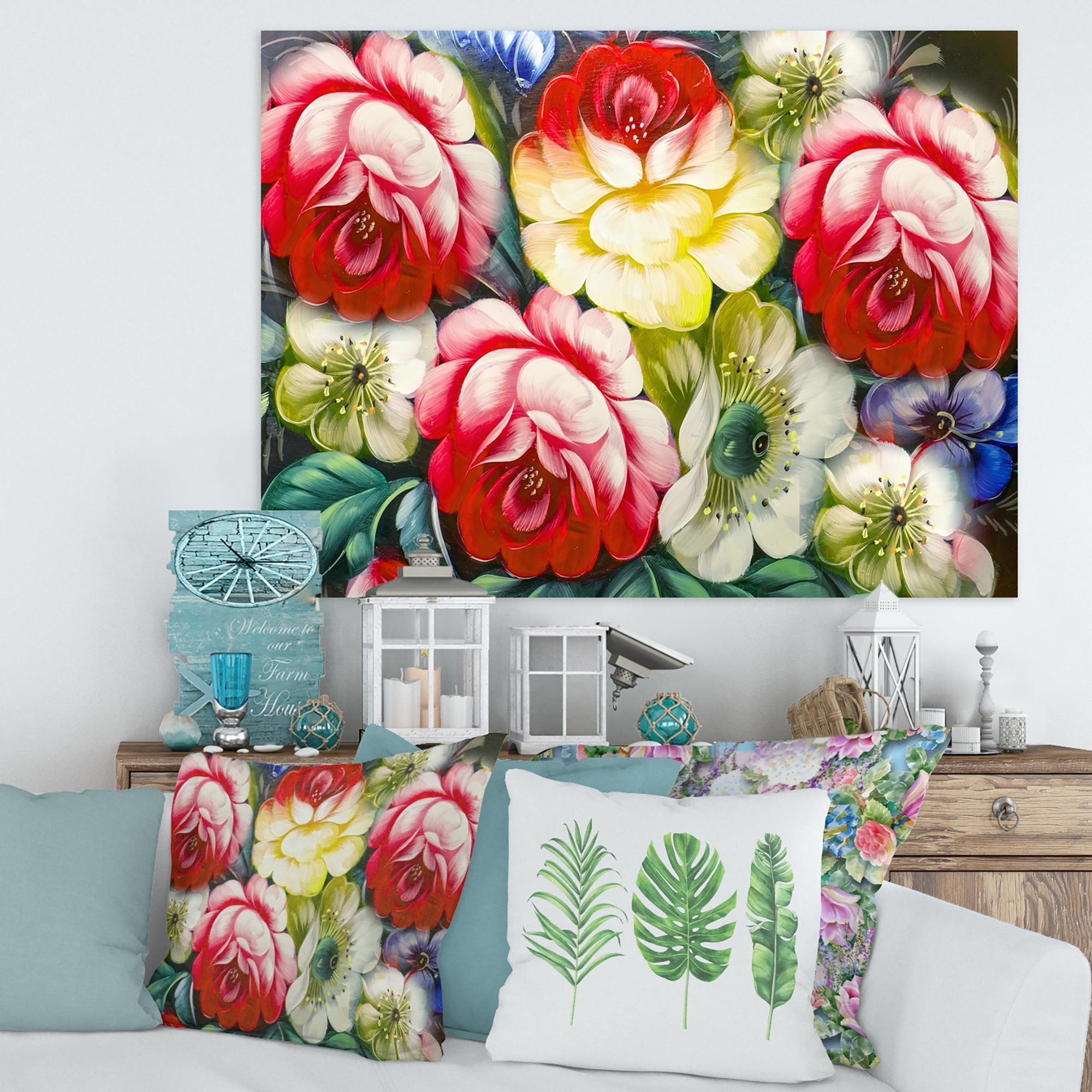 Designart ' Vintage VIbrant Yellow and Red Flower Still Life I ' Traditional Canvas Wall Art Print