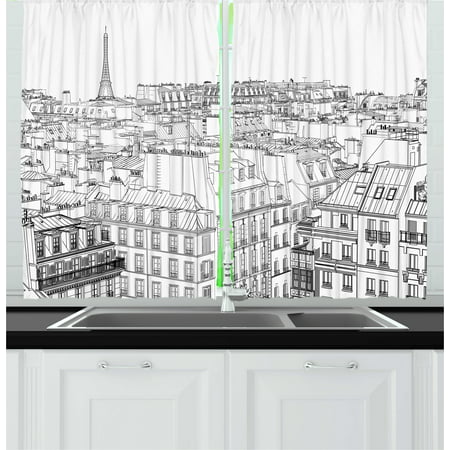 Paris Curtains 2 Panels Set, Architecture Theme Design Illustration of Roofs in Paris and Eiffel Tower Print, Window Drapes for Living Room Bedroom, 55W X 39L Inches, Black and White, by (Best Roof Windows Reviews)