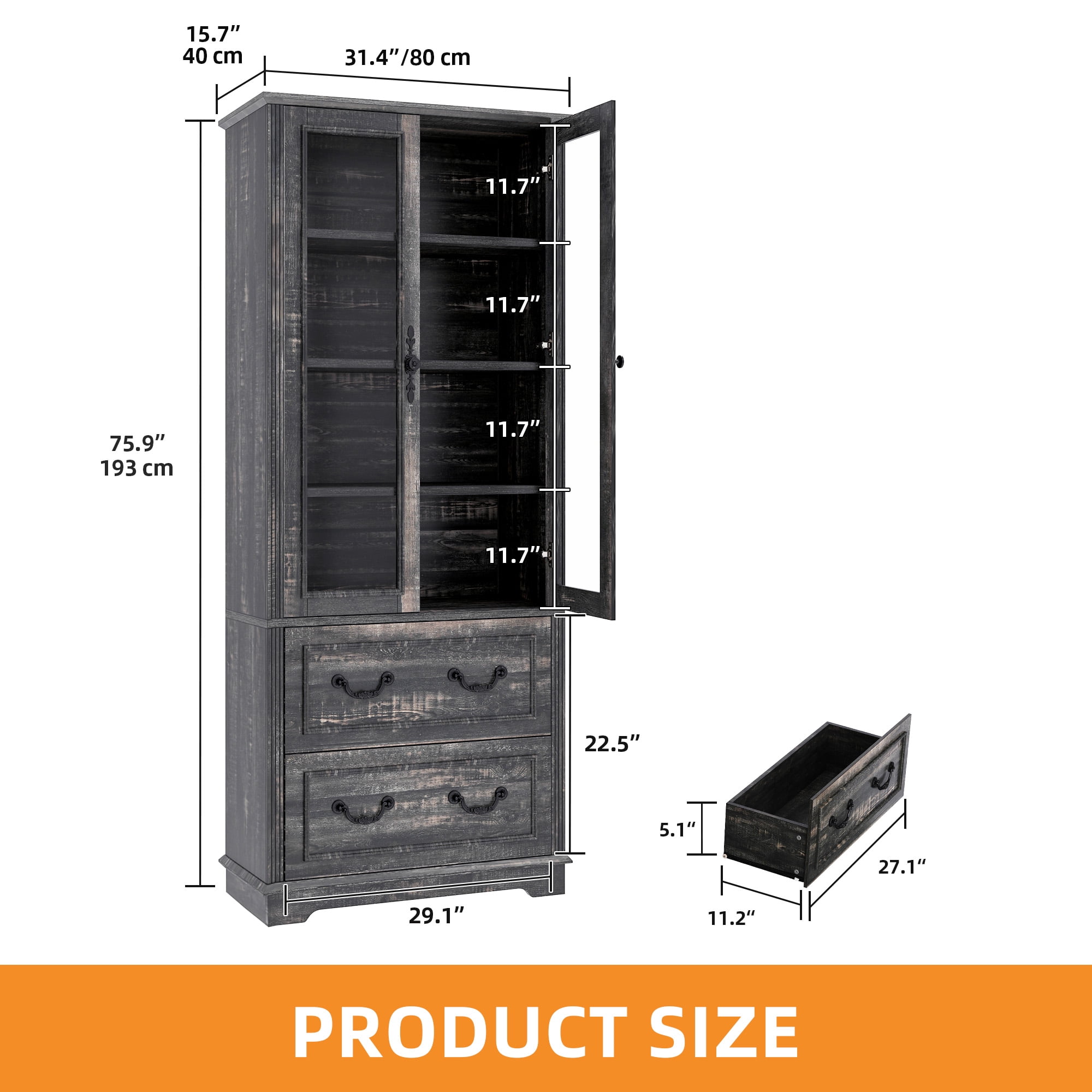 Craftian 76'' Kitchen Pantry Cabinet with 2 Drawers, Tall Storage Cabinet with Glass Doors & Adjustable Shelves, Dark Rustic Oak