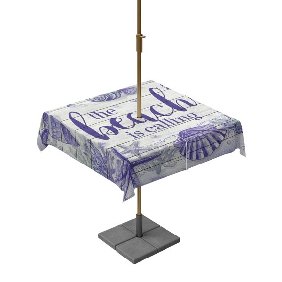 Square Outdoor Tablecloth with Umbrella Hole Purple Beach Coastal Outside Table Cloth Waterproof Patio Table Cover Summer Starfish Shell Coral Zipper Tablecloths for Picnic Party Camping 60x60 Inch