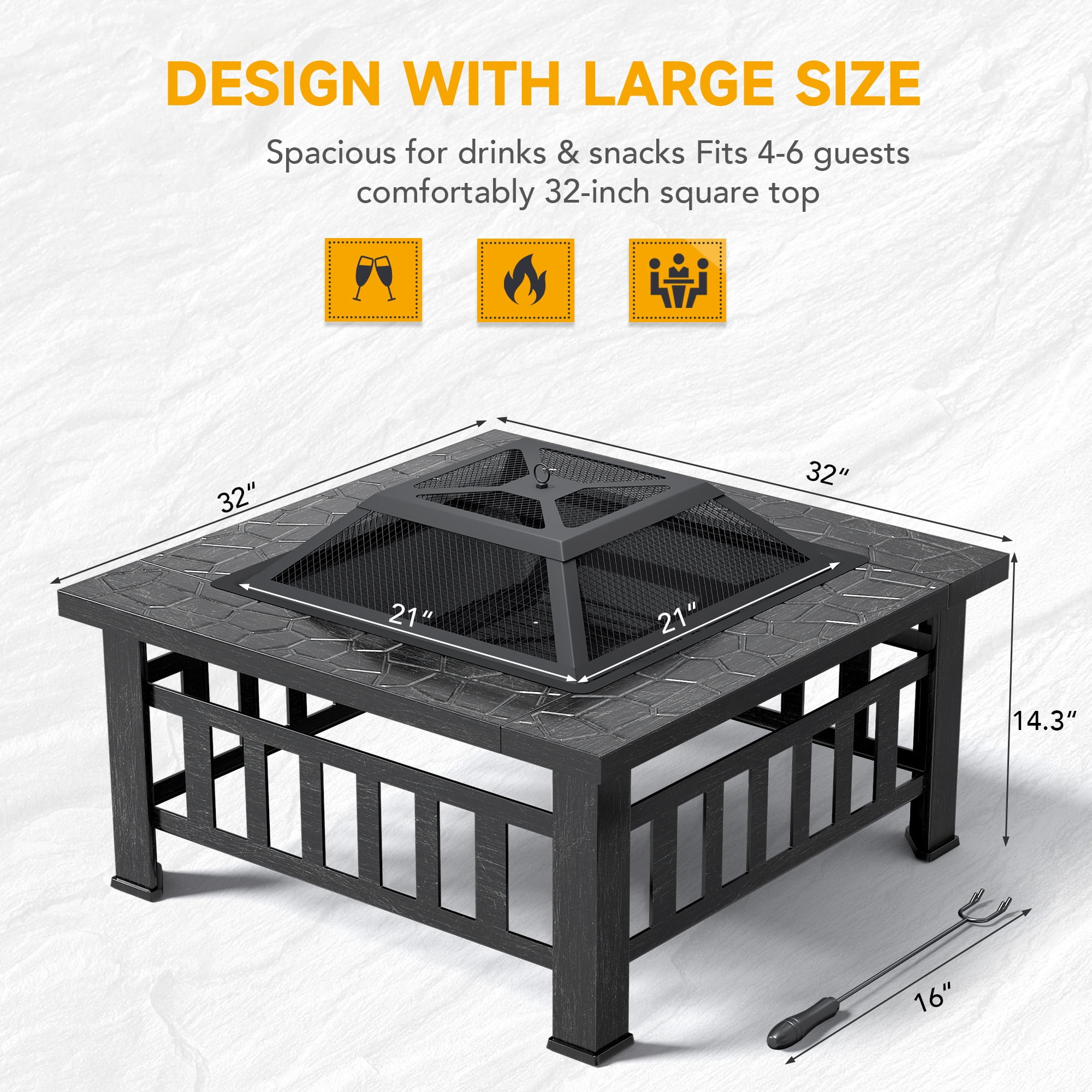 Lacoo 32" Patio Square Fire Pit Table for Patio Backyard BBQ, Ice Storage with Mesh Lid, Poker and Cover, Sliver