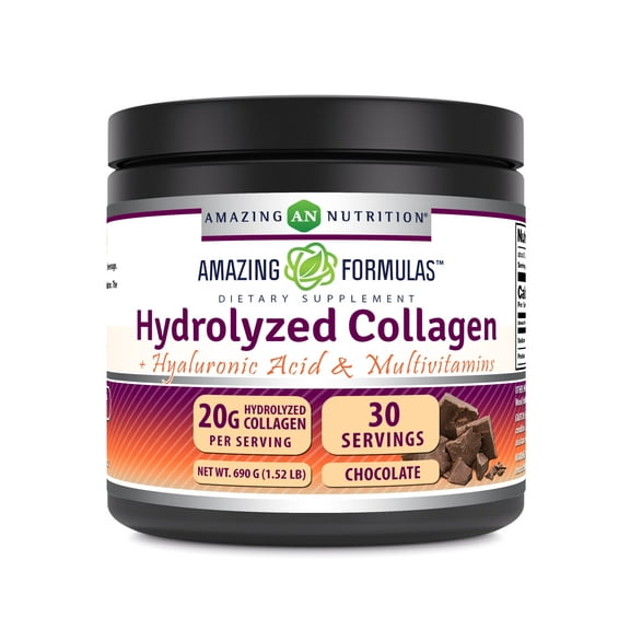 Amazing Formulas Hydrolyzed Collagen with Hyaluronic Acid & Multivitamins Supplement | 30 Servings Powder | 690 Grams | Chocolate Flavor | Made in USA
