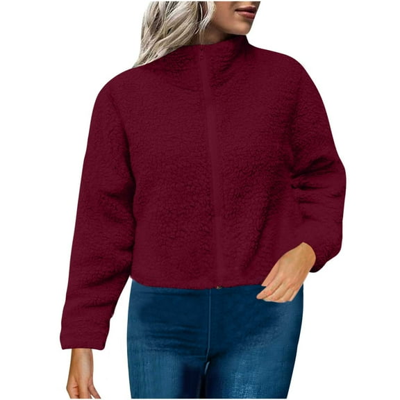 Fesfesfes Women's Solid Color Fleece Jacket Loose Long Sleeved Stand up Collar Warmkeeeping Cardigan with Inner and Outer Pockets Tops(Wine,L)
