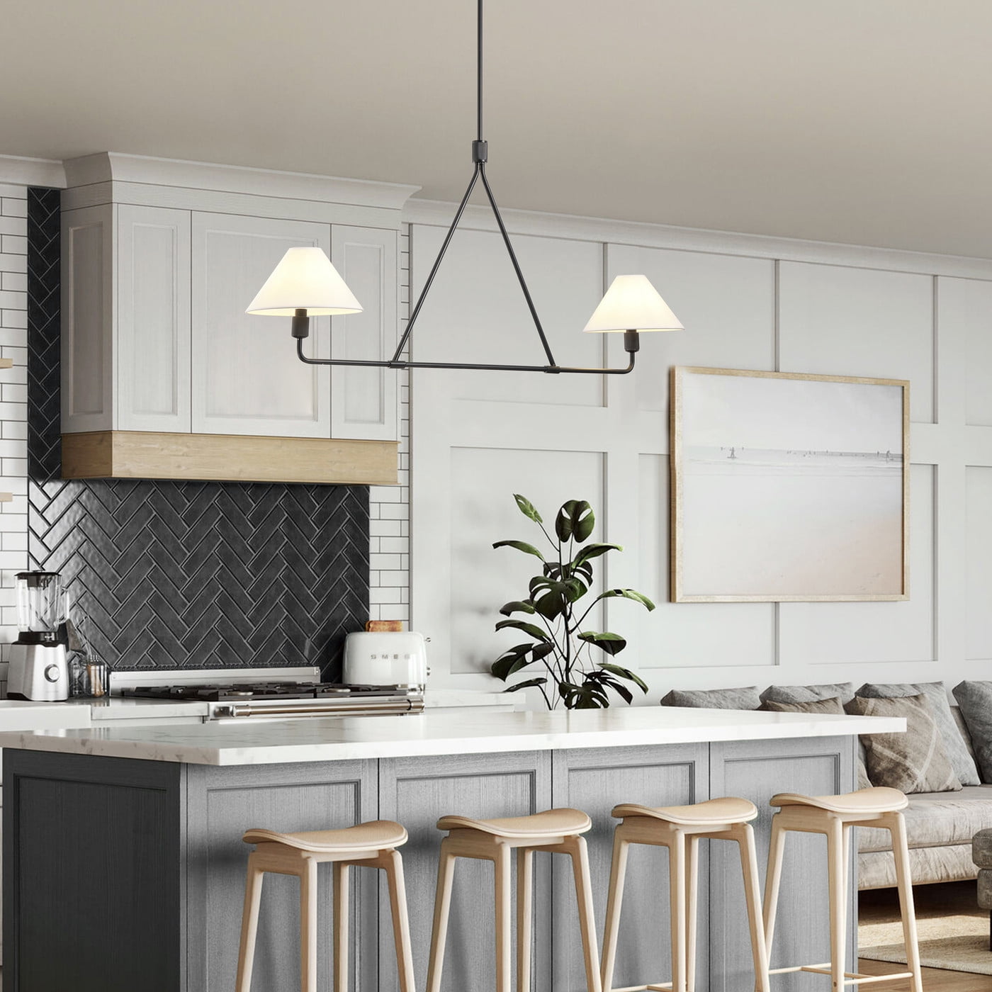 Aiwen Black Pendant Light Modern Linear Chandelier 2-Light Kitchen Island Lighting Fixture with Fabric Shade