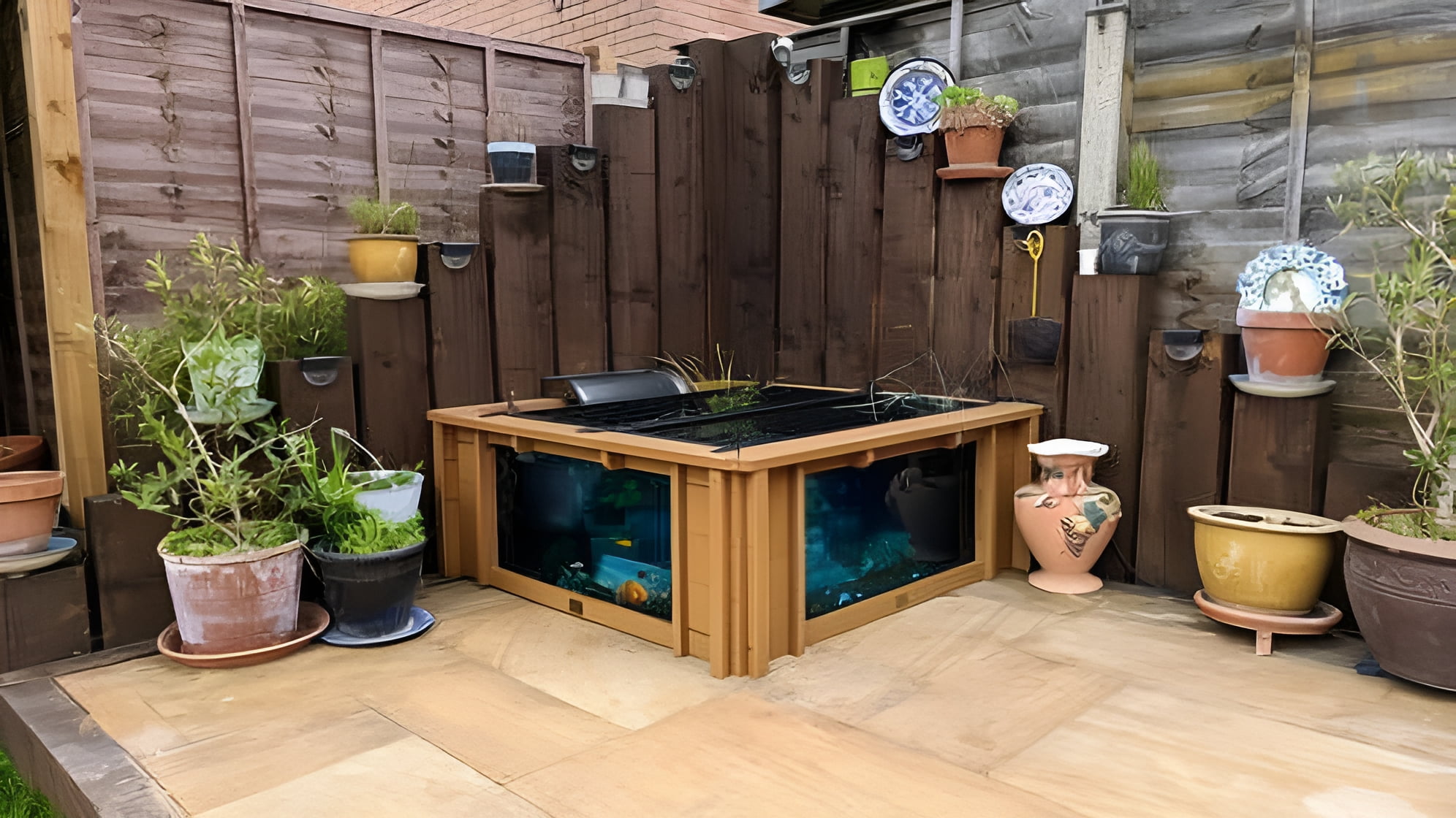 Raised Square Wood Pond with Large Windows - Lotus Clear View Garden Aquarium in Brown 172 Gallon