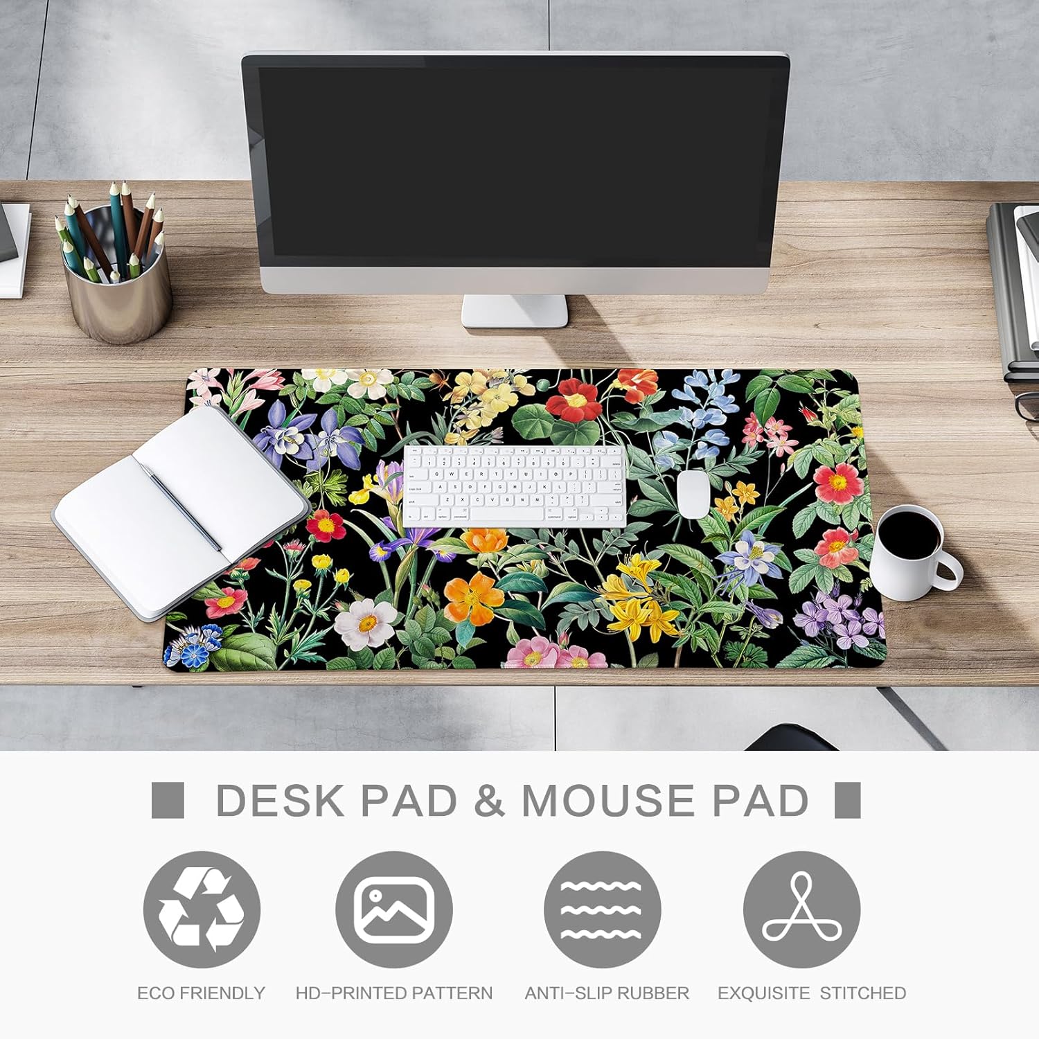 Black Flower Desk Mat Floral Plants Mouse Pad, Wildflowers Large Gaming Mousepad Desk Pad, XXL Keyboard MouseMat Full Desktop Mat Women Office Accessories 31.5"x15.7"