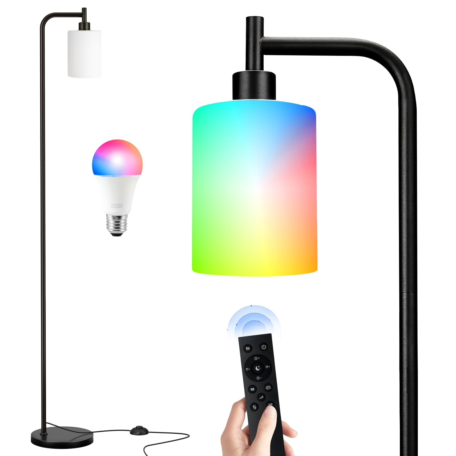 Rgb Floor Lamps For Living Room  Dimmable Industrial Standing Lamp With Remote Control Bedroom Office Corner 3 Colors Temperature White Glass Shade 9w Led Bulb