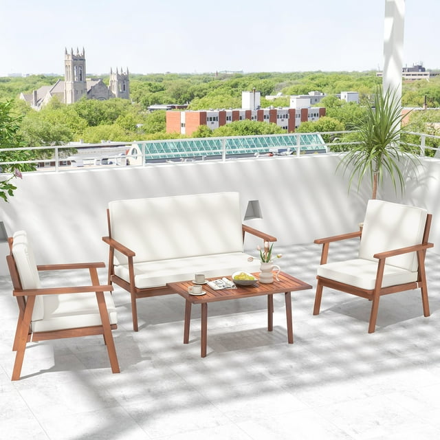 Costway Ensemble de Conversation pour Patio 4 Pcs Canapé en Bois d'Acacia Table Basse avec Siège Coussiné