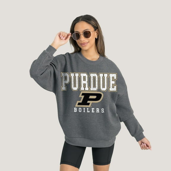 Women's Gameday Couture  Heather Charcoal Purdue Boilermakers Oversized Distressed Fleece Pullover Sweatshirt
