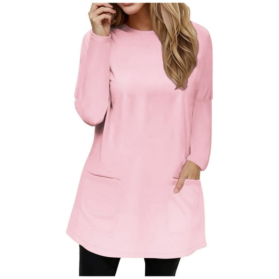 Royisotas Casual Womens Tops Long Sleeve Fall and Winter Solid Color Pink Women Blouses and Shirts Crew Neck Pocket Loose Fit T-Shirts
