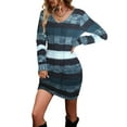 thumbnail image 3 of Women'S Striped Sweater Dress High Waist Knit Textured V Neck Long Sleeve Bodycon Dress Knit Mini Dress Navy Blue L, 3 of 10