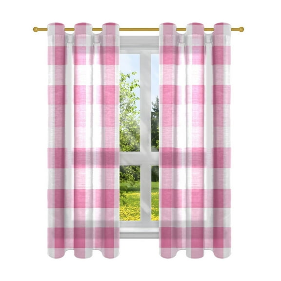 Pink and White Plaid Semi Sheer Curtains for Living Room Bedroom Set of 2 Insulated Window Drapes
