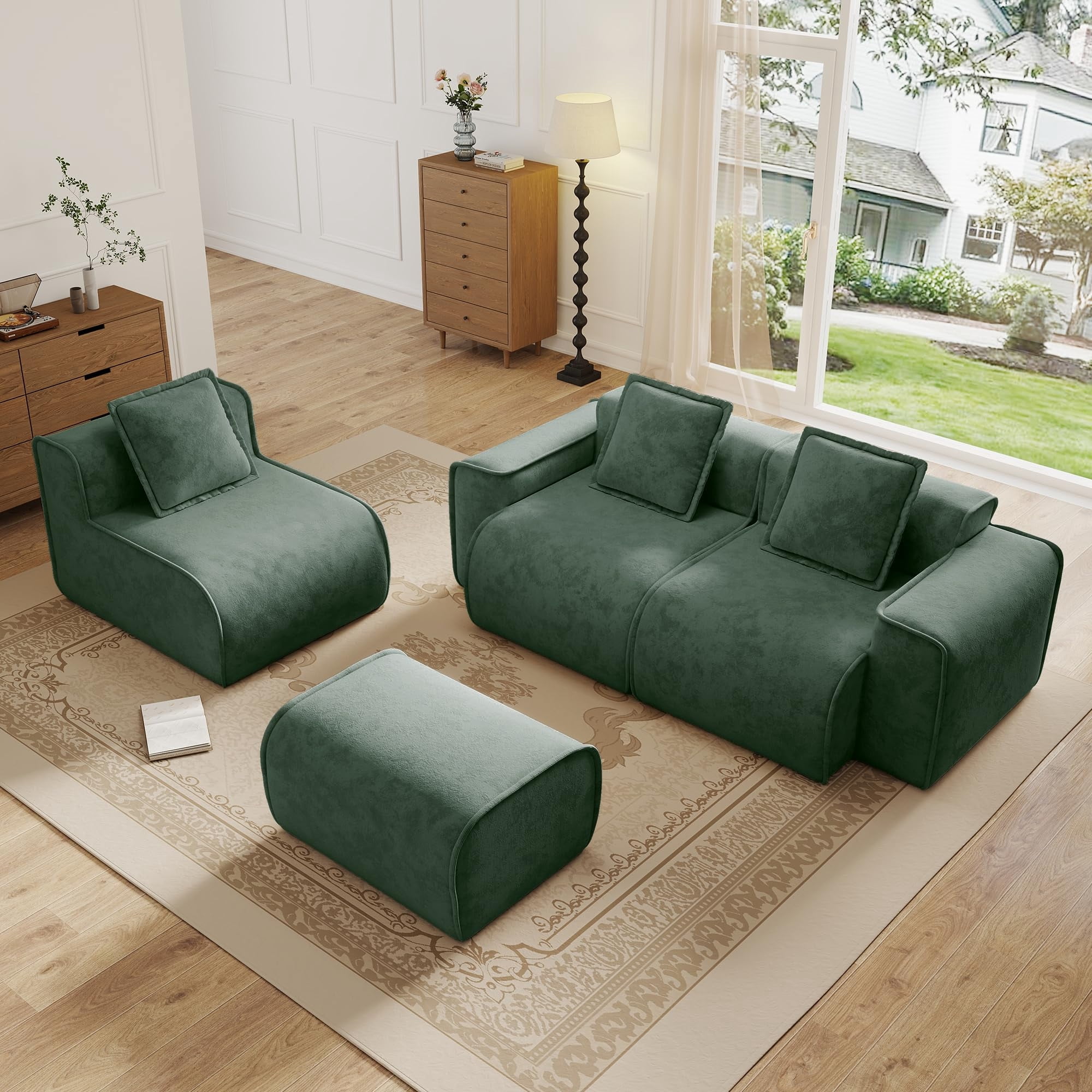 Aukfa 79" Boneless Couch Deep Seat Loveseat Cloud Sofa for Living Room Bedroom, 2 Pillows, Velvet, Green