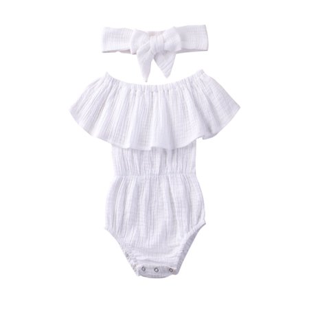 

Newborn Toddler Baby Girls Summer 2Pcs Clothes Set Ruffle Off Shoulder Solid Color Romper + Bow-knot Headband 0-24 Months