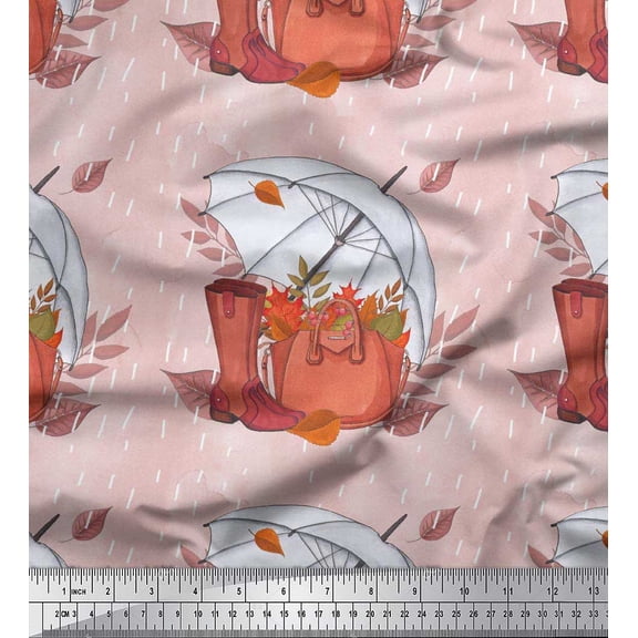 Soimoi Poly Georgette Fabric Umbrella,Boots & Handbag Women Printed Craft Fabric by the Yard 52 Inch Wide