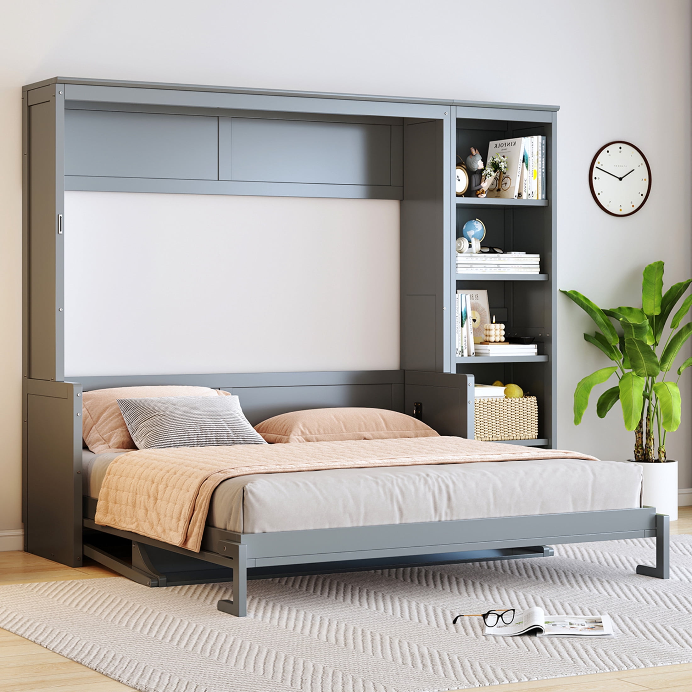 Noble House Zovaro Queen Murphy Bed with Built-in Desk and Integrated Side Bookshelf, Space-Saving Wall Bed, Gray