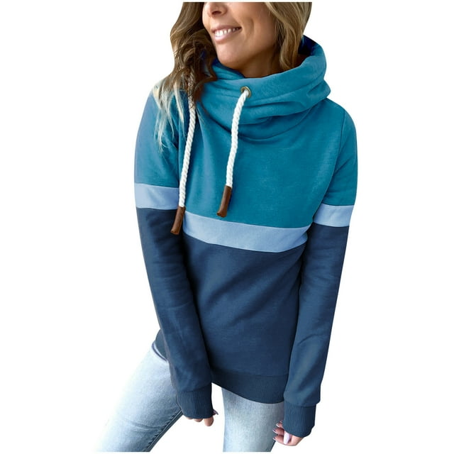 Pompotops Femmes Casual Patchwork Pull Turleneck Hoodies Manches Longues Cordon à Capuche Tops Sweatshirt