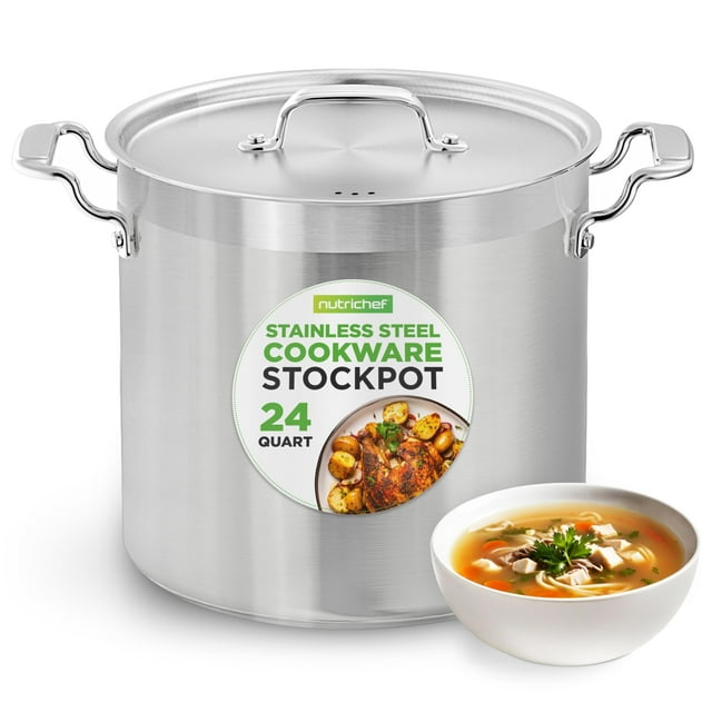 Stainless Steel Cookware Stock Pot - 24 Quart, Heavy Duty Induction Pot, Soup Pot with Stainless Steel, Lid, Gas, Induction, Ceramic, Glass and Halogen Cooktops Compatible - NCSPT24Q