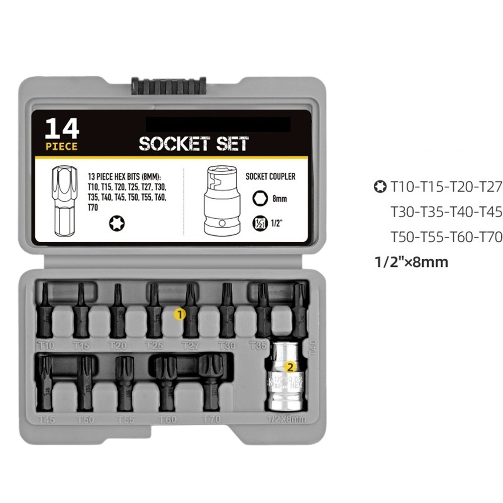 yaaqii T10-T70 Socket Set for Torx Bit head Ratchet Wrench 1/2 Inch Drive Screwdriver