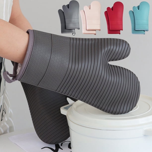 Guantes resistentes al calor de guantes de horno de silicona | Guantes antideslizantes para barbacoa en cocina, gruesos aislantes, fáciles de limpiar, reutilizables, puño largo, gris rosa rojo azul