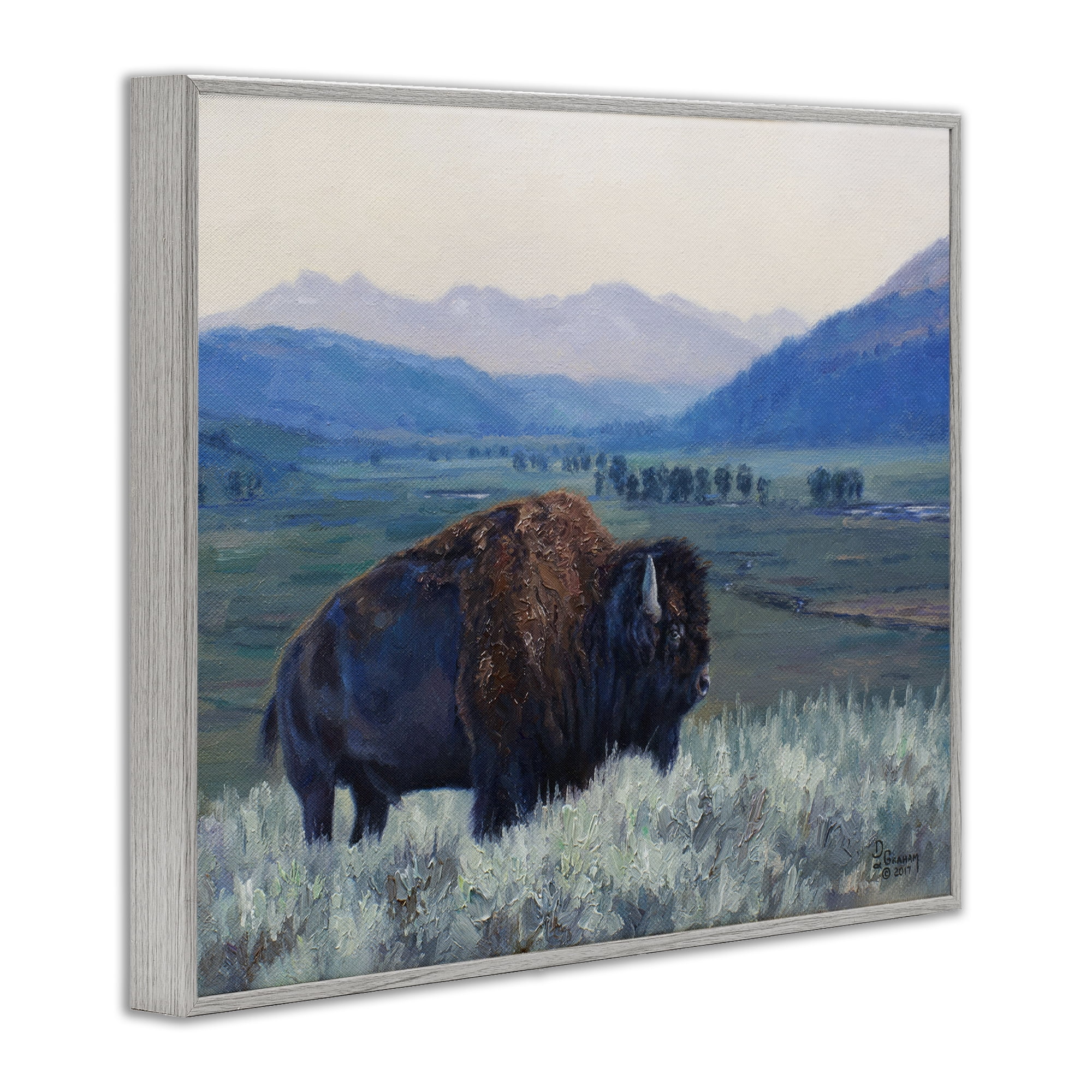 Stupell Industries Bison & Country Mountains Animals & Insects Painting Gray Framed Art Print Wall Art, 20 x 16