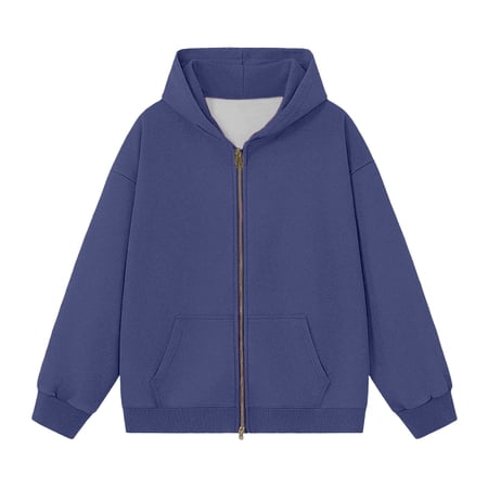 Women Hoodies Solid Oversized Hoodie Full Zip Double Zipper Soft Warm Plush Sweatshirts for Women Navy L