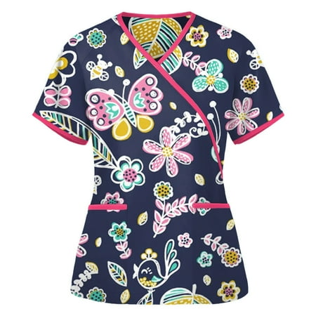 

Womens Scrubs Top YDKZYMD Short Sleeve Graphic Oversized Casual Tops Plus Size Classic Fit Tops V Neck with Pockets Summer Uniform