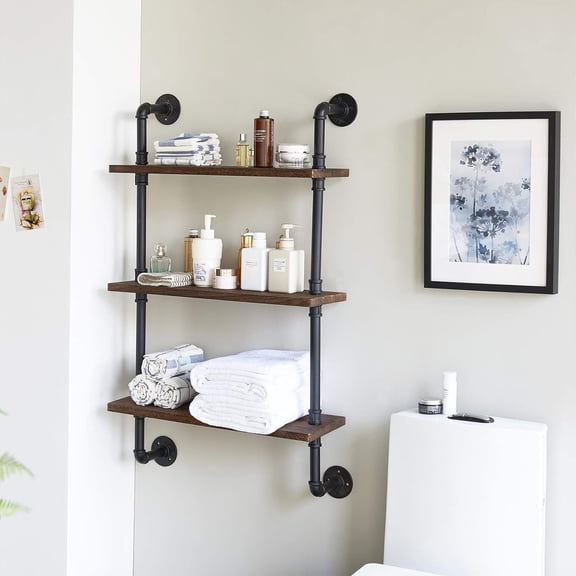 Industrial Pipe Shelves, Pipe Floating Shelves, Rustic Wall Mount Bookcase, 3-Tiers, 23.6" Metal Bracket Storage Wall Shelf for Bedroom, Kitchen, Living Room, Bathroom