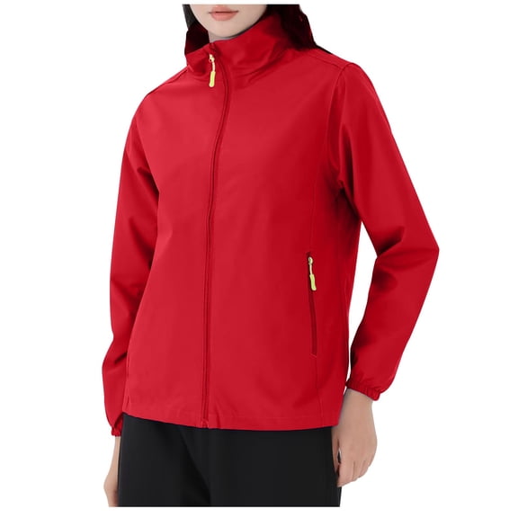 Cyber&Monday Deals 2023 Winter Womens Raincoat Womens Windbreaker Jacket Outdoor Hiking Climbing Quick Dry Windproof Coat Open Zip up Stand Neck Long Sleeve Solid Outerwear with Pocket Up to 65% off