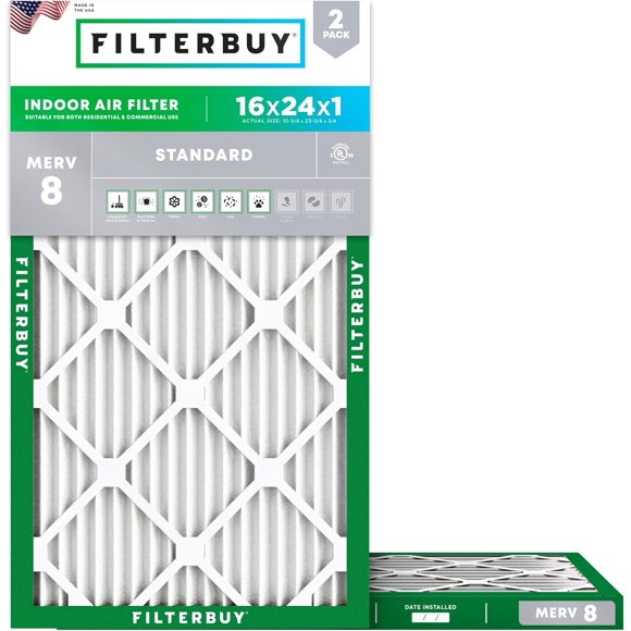 Filterbuy 16x24x1 MERV 8 (MPR 600) Dust Defense, Pleated HVAC AC Furnace Air Filters (2-Pack)