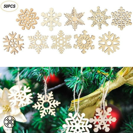 Luxtrada 50 Pieces Christmas Wooden Snowflake Cutouts Embellishments Hanging Ornaments for Christmas Tree Decoration Kids Crafts with Twines