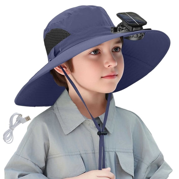 XUNKUSGA Wide Brim Solar Fan Hat for Boy And Girls Breathable Mesh Quick Drying Solar Fan Fishing Hat Summer UPF 50 Sun Protection Sun Hat with Charging Cable,Blue