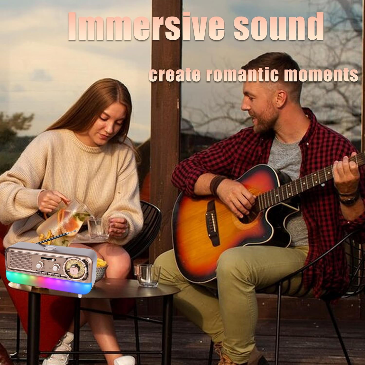 MUSICOZY Retro Portable Radio AM FM SW Shortwave Radio with Colorful Ambient Light, Vintage Bluetooth Music Player Battery Operated, Retro Sound Machine, SUB Charging, TF Card