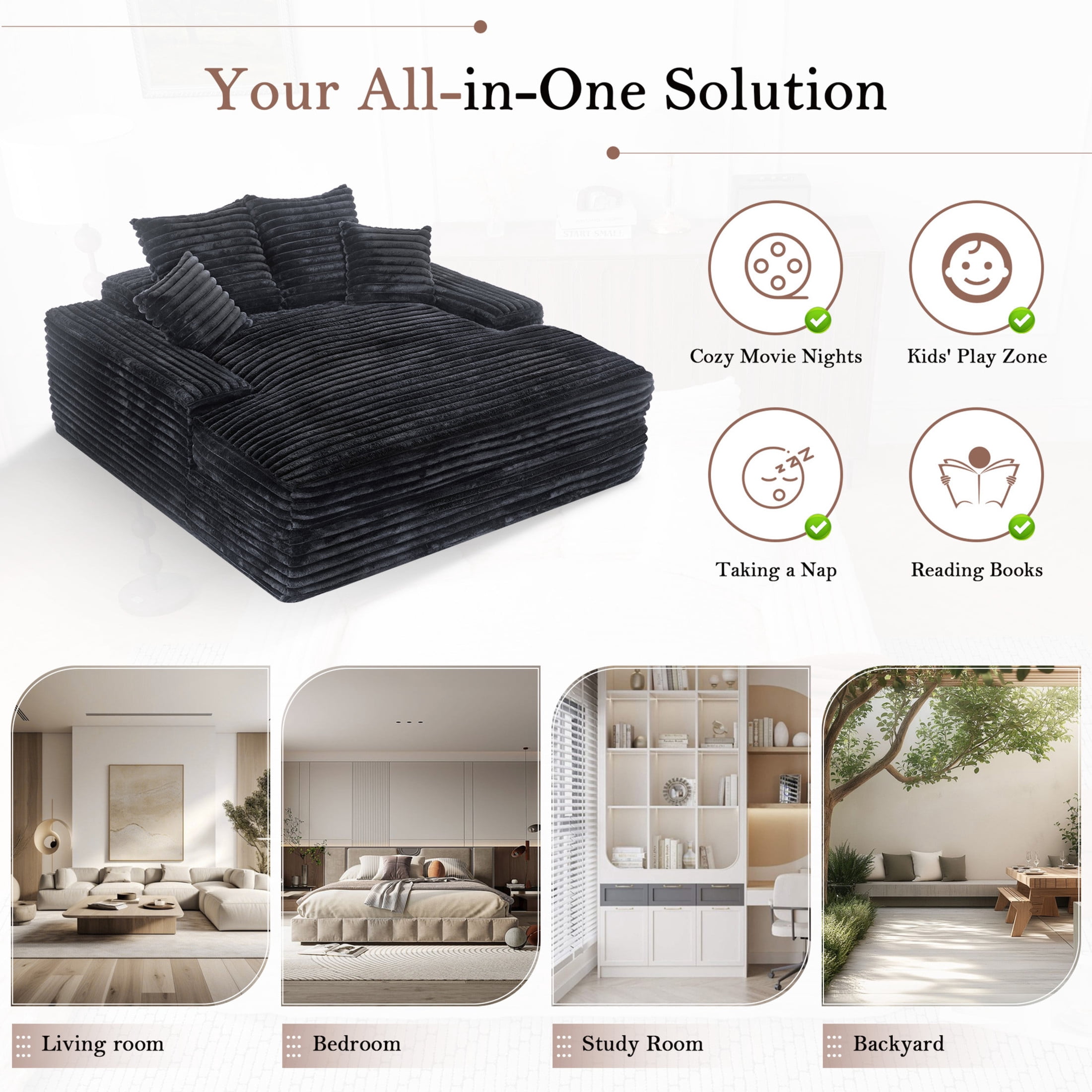 Noble House Heliox 68" Oversized Chaise Lounge Chair, Plush Corduroy Sleeper Sofa Bed with Removable Pillows, Gray