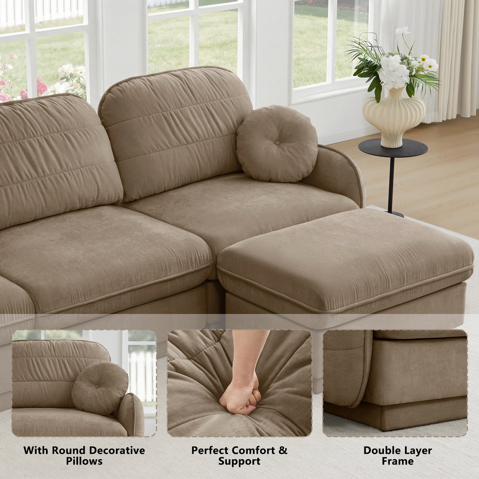 Mintazer 105" Chenille Cloud 3-Seater Modular Sectional Sofa with Movable Ottoman & Round Pillows, L-Shaped Ergonomic Sofa Couch for Living Room, Apartment, Light Coffee