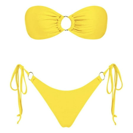 JIANJIA Womens Swimsuits Solid Color Strapless Brassiere With Thongs Lace Up Sexy Fashion Split Swimsuit Two Piece Bikinis Swimwears Bathing Suits Yellow S