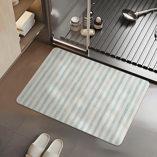 Bathroom Floor Mat 60x40cm Diatomaceous Earth Style, Polyester Absorbent Quick Drying Non Slip, Striped Multicolor Mat for Entryway Shower