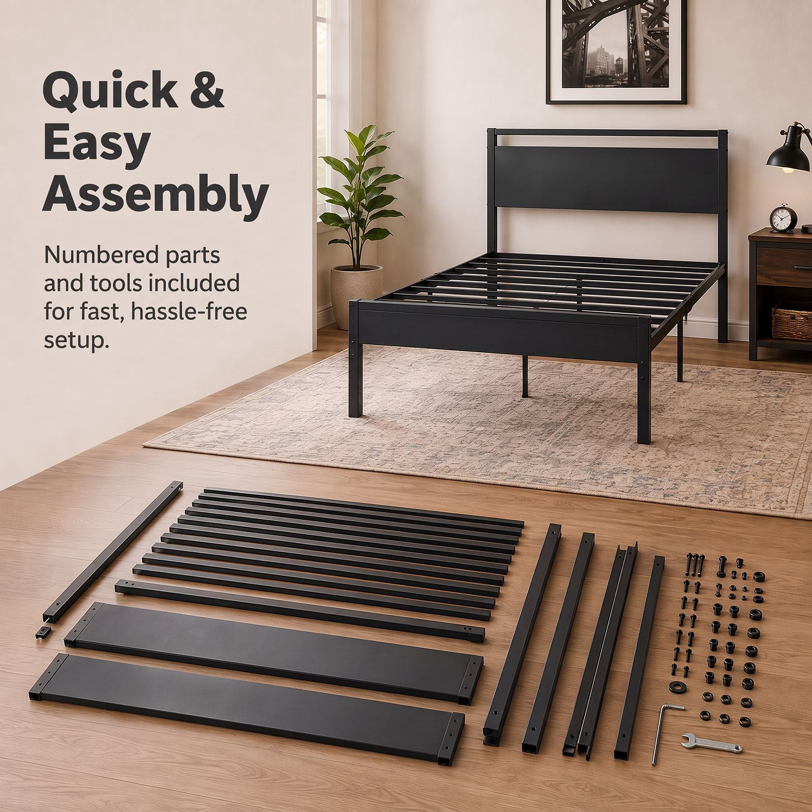 Alvantor Metal Platform Bed Frame, Mattress Foundation with Headboard and and Footboard, No Box Spring Needed Support, Noise Free, Easy Assembly