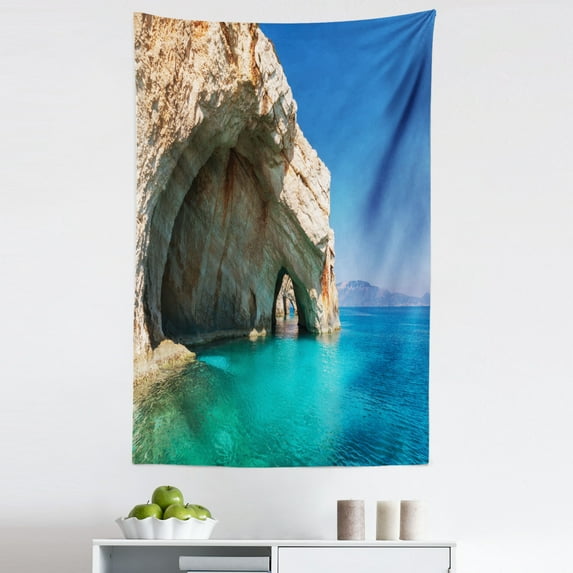 Marine Tapestry, Sea Cave on Zakynthos Island Greece Vacation Relaxing Seascape Coastline Picture, Fabric Wall Hanging Decor for Bedroom Living Room Dorm, 5 Sizes, Tan Pale Blue, by Ambesonne